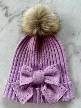 Mayoral Lilac Knit Pom Pom Beanie with Bow - Kids Accessories